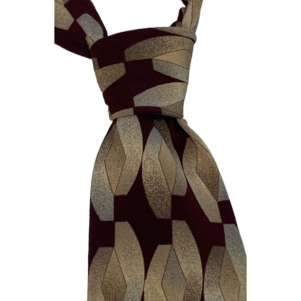Vintage Louis Feraud 100% Italian Silk Tie Burgundy Beige Geometric Designer
